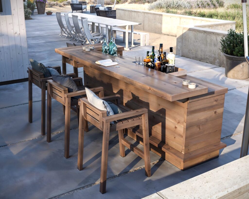 DIY L-shaped outdoor home bar made from common dimensional lumber, featuring a serving counter, adjustable shelf, and seating for four.