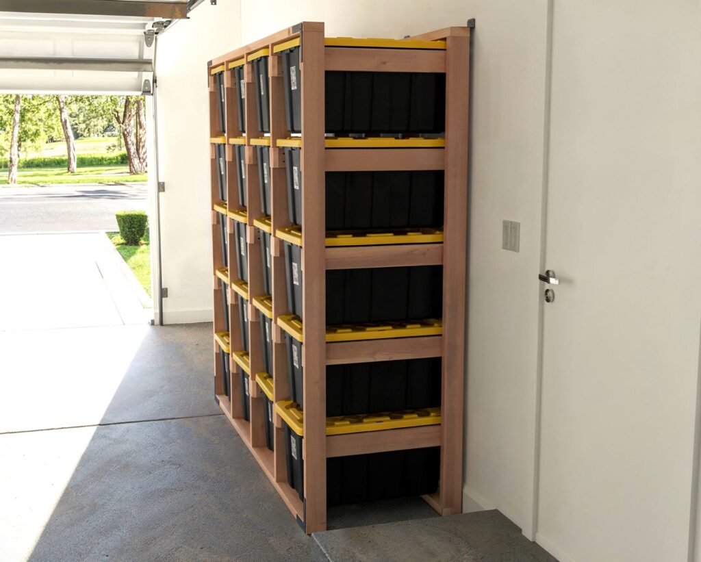 DIY 4x5 wooden storage rack for 27-gallon totes in a garage.