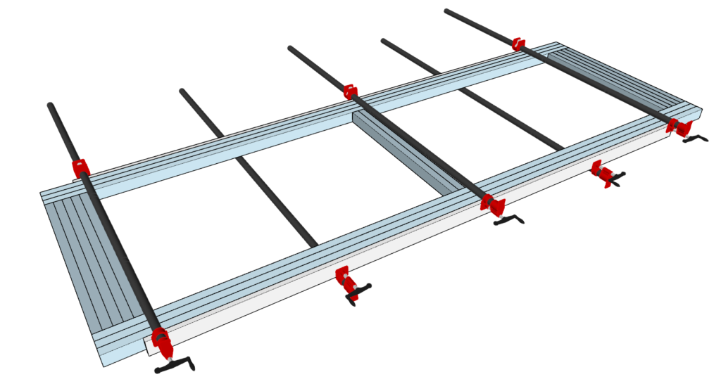 Gluing the table reinforcement boards using pipe clamps