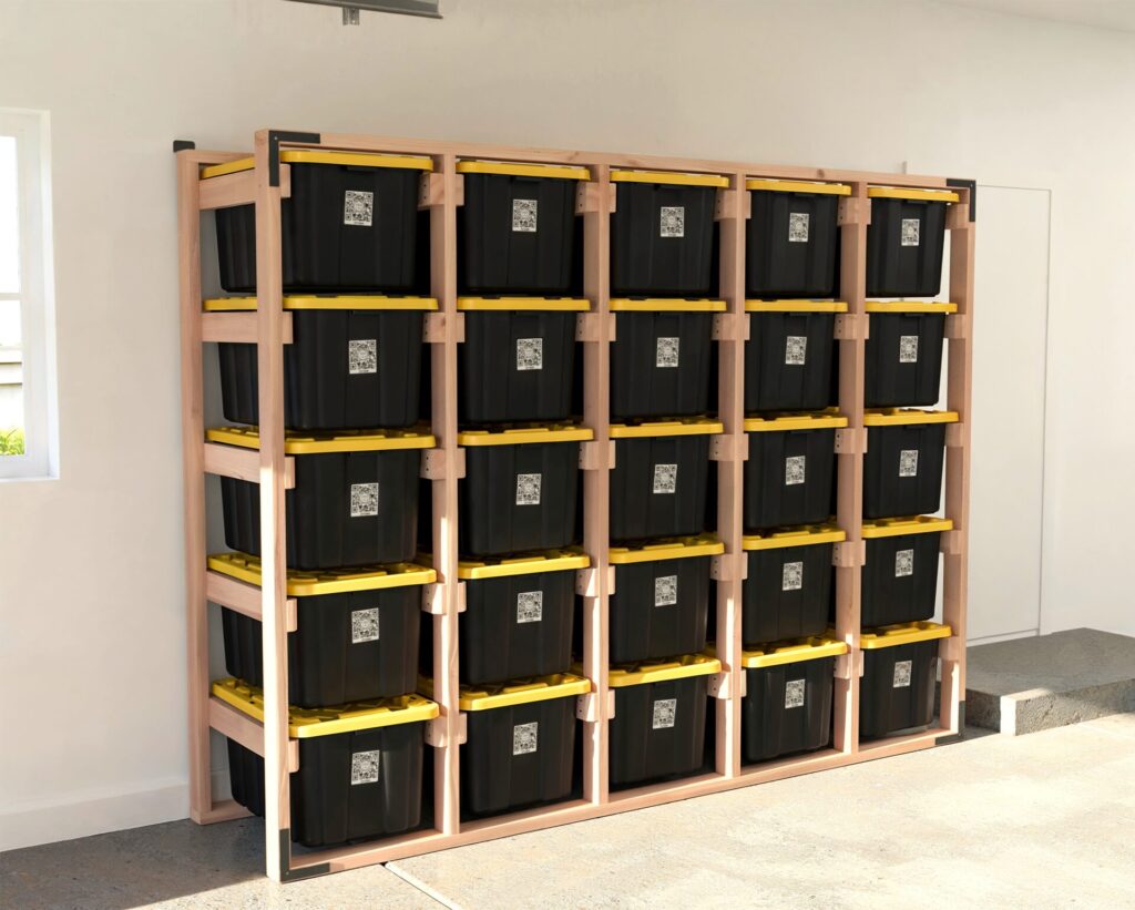 DIY 5x5 wooden storage rack for 27-gallon totes in a garage.