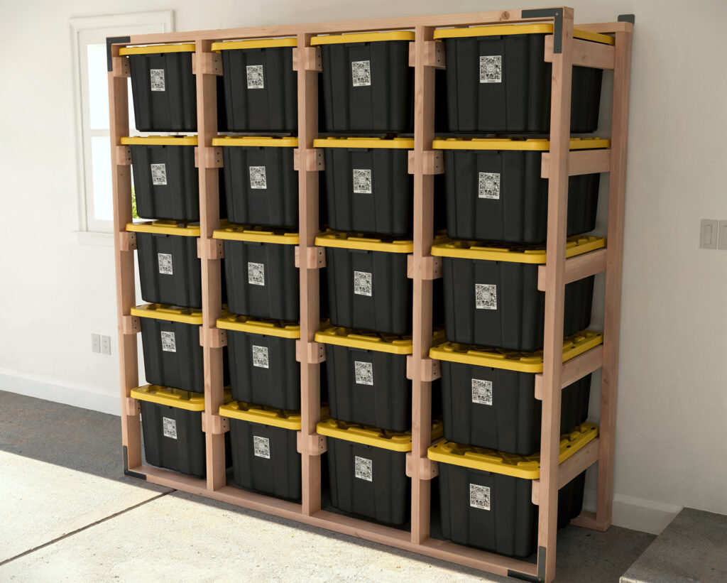 DIY 4x5 wooden storage rack for 27-gallon totes in a garage.