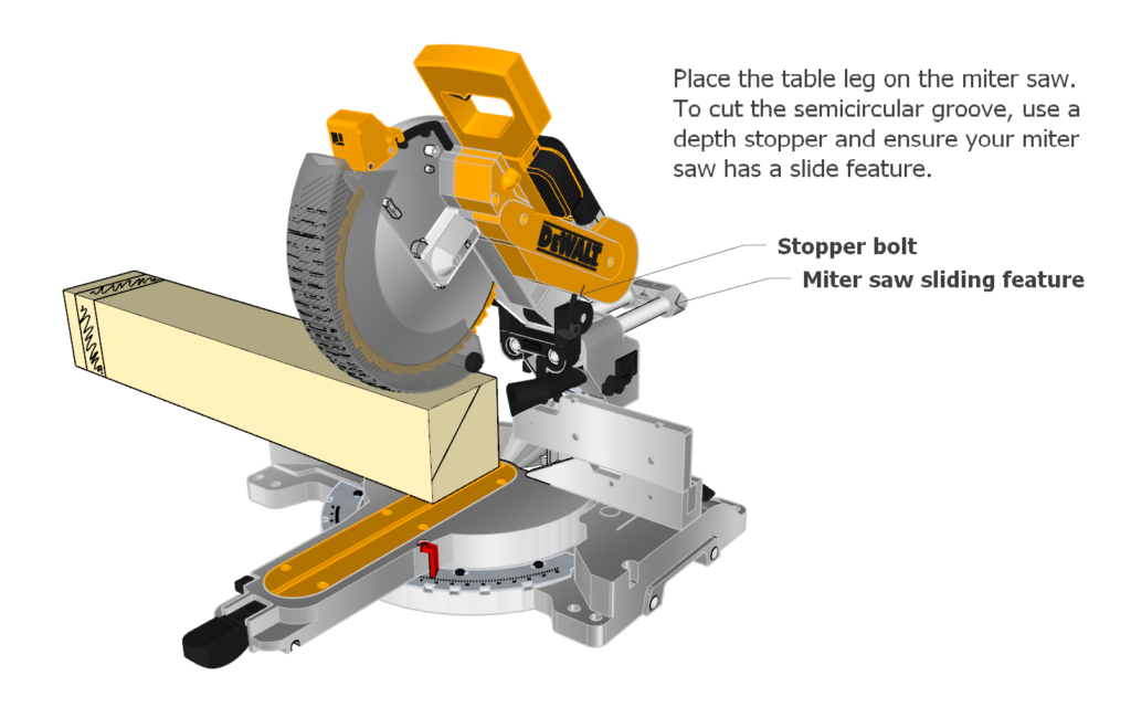 Setting up the miter saw to cut the semi-circler groove into the table legs