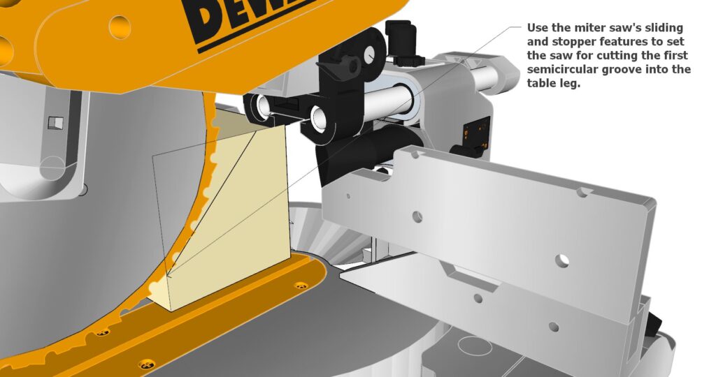 Setting up the miter saw to cut the semi-circler groove into the table legs