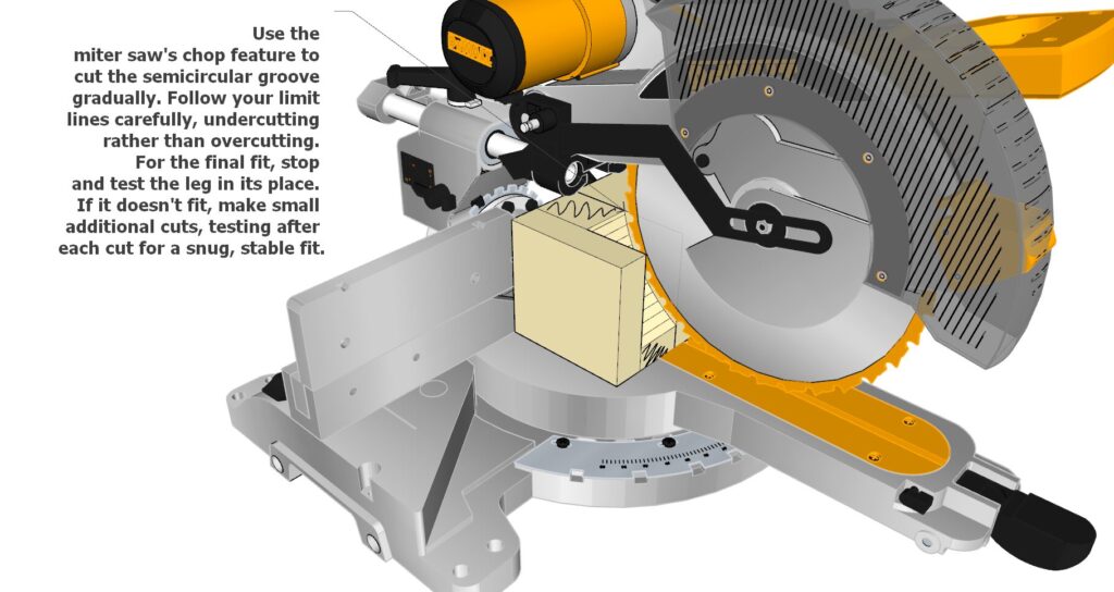 Setting up the miter saw to cut the semi-circler groove into the table legs