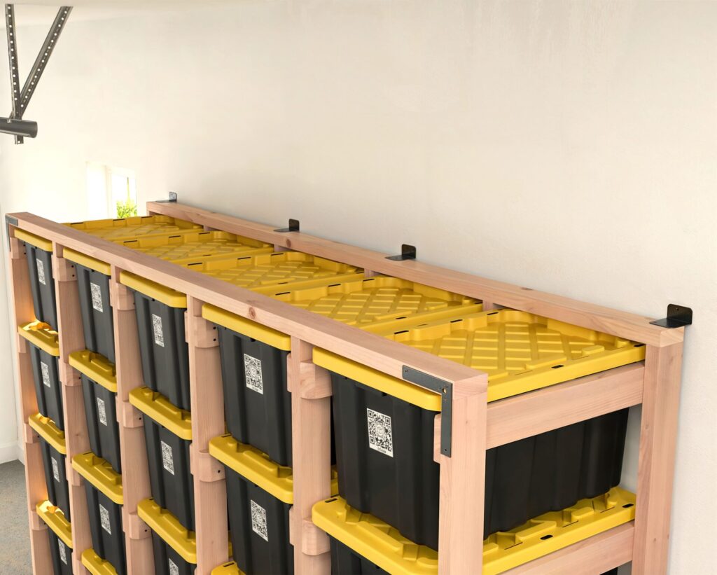 DIY 5x5 wooden storage rack for 27-gallon totes in a garage.