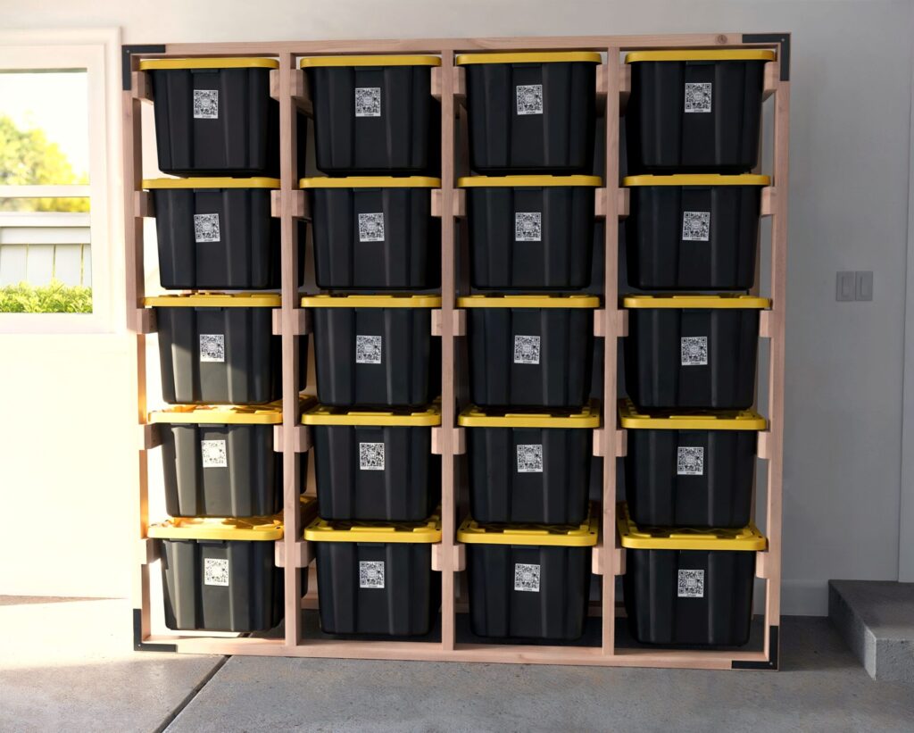 DIY 4x5 wooden storage rack for 27-gallon totes in a garage.