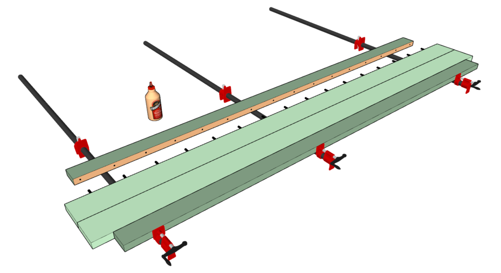 Gluing the bench top boards together using dowel joint