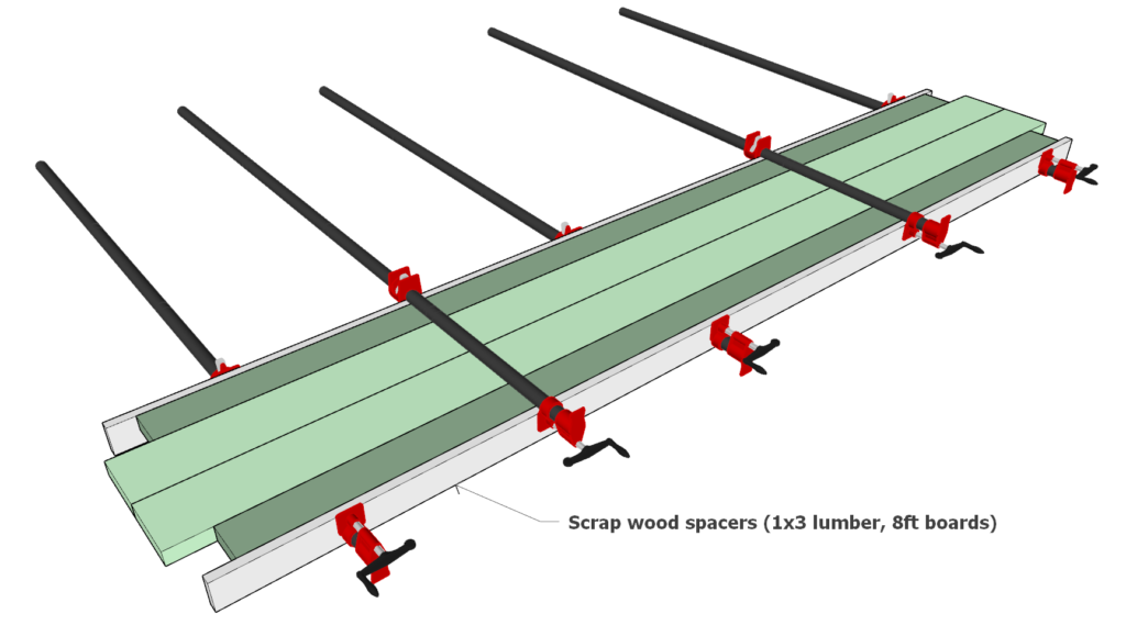 Gluing the bench top boards together using dowel joint