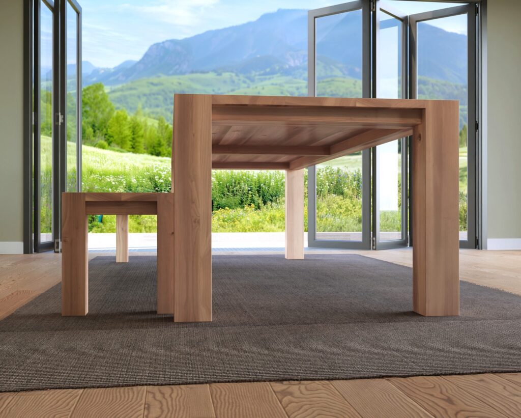 Side view of the wooden dining table and bench set showcasing the stability and design of the legs.