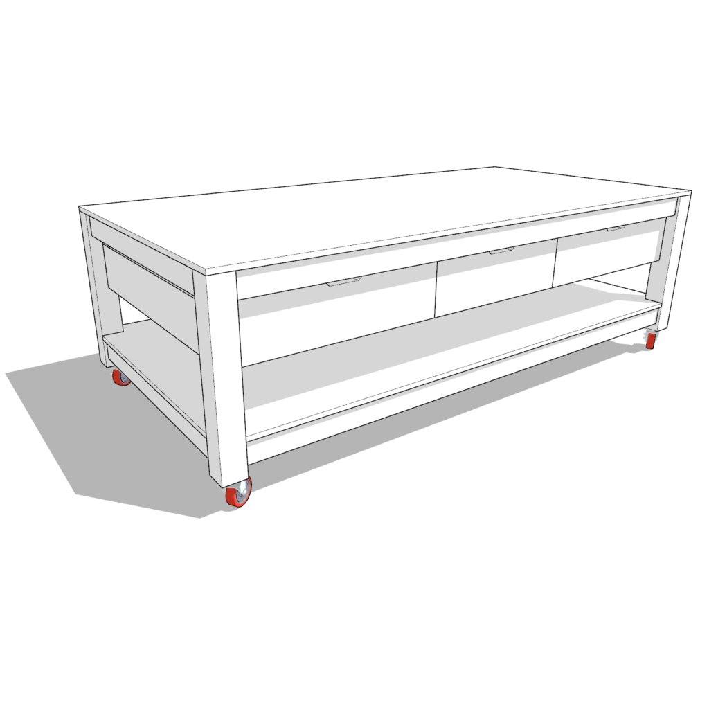 Custom-built DIY garage workbench with drawers and lumber storage in a well-organized garage.