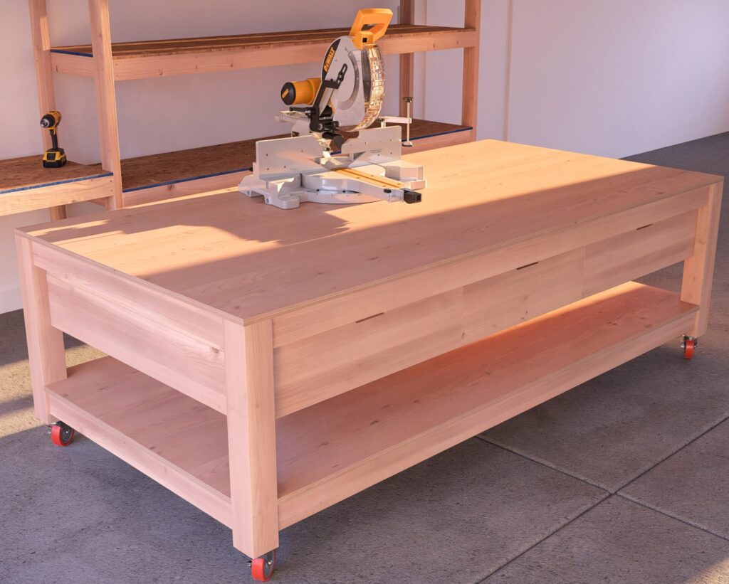 Custom-built DIY garage workbench with drawers and lumber storage in a well-organized garage.