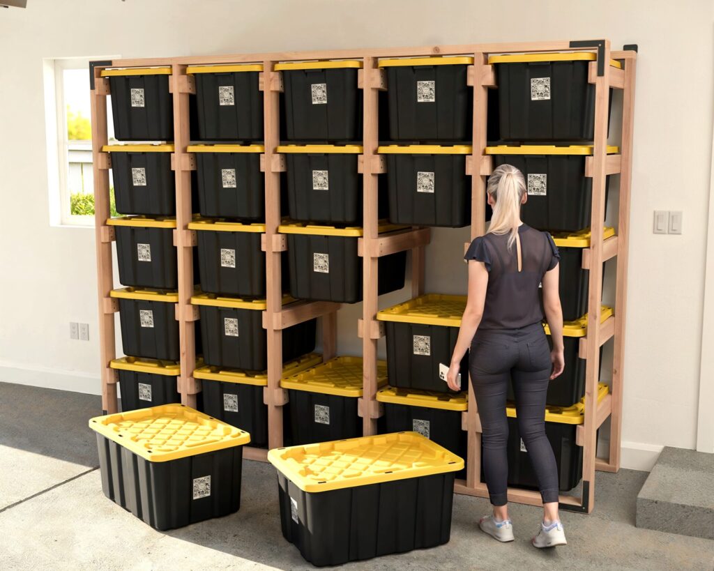 DIY 5x5 wooden storage rack for 27-gallon totes in a garage.