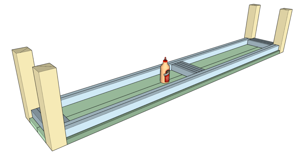 Adding all the legs and gluing them to the table bench top. securing the legs with ratchet straps