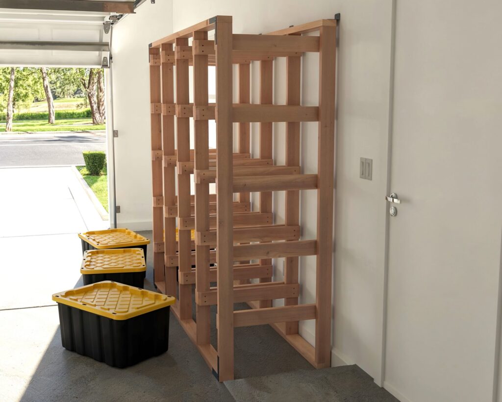 DIY 4x5 wooden storage rack for 27-gallon totes in a garage.