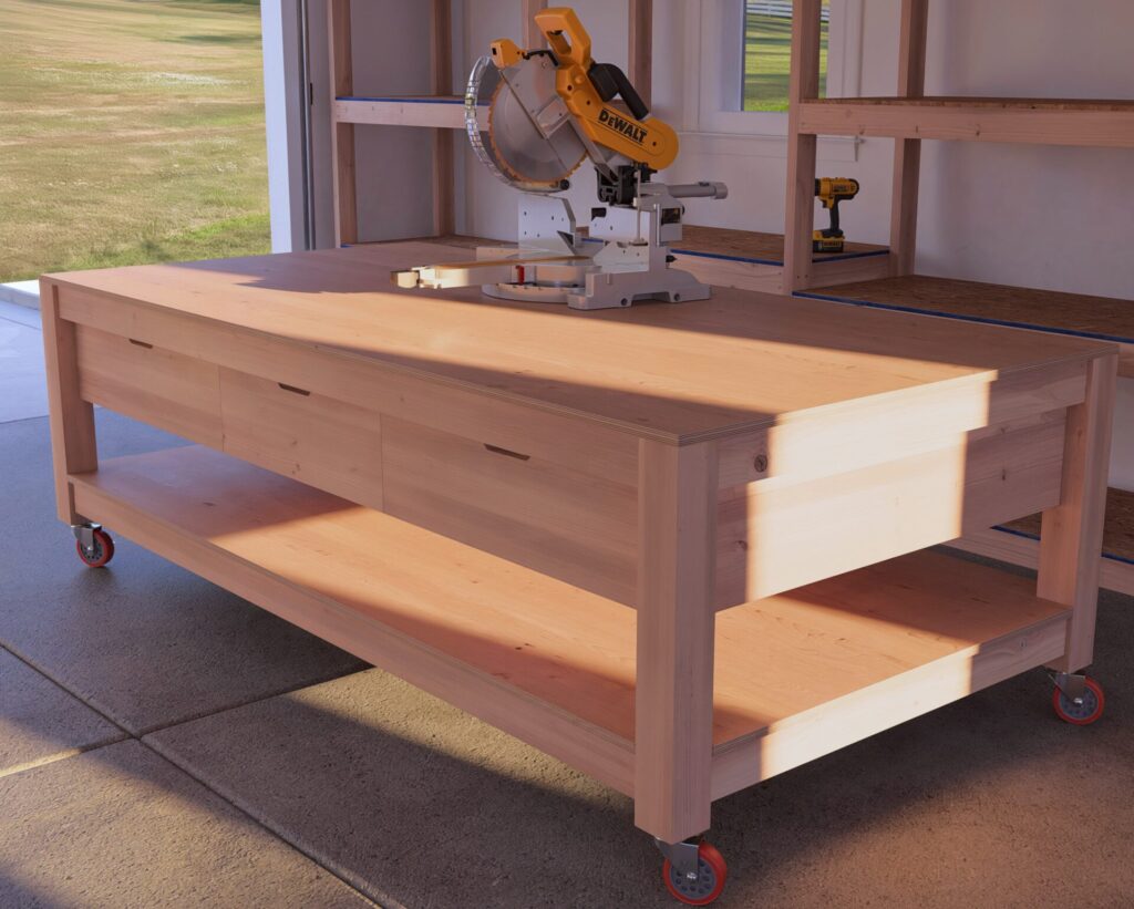 Custom-built DIY garage workbench with drawers and lumber storage in a well-organized garage.