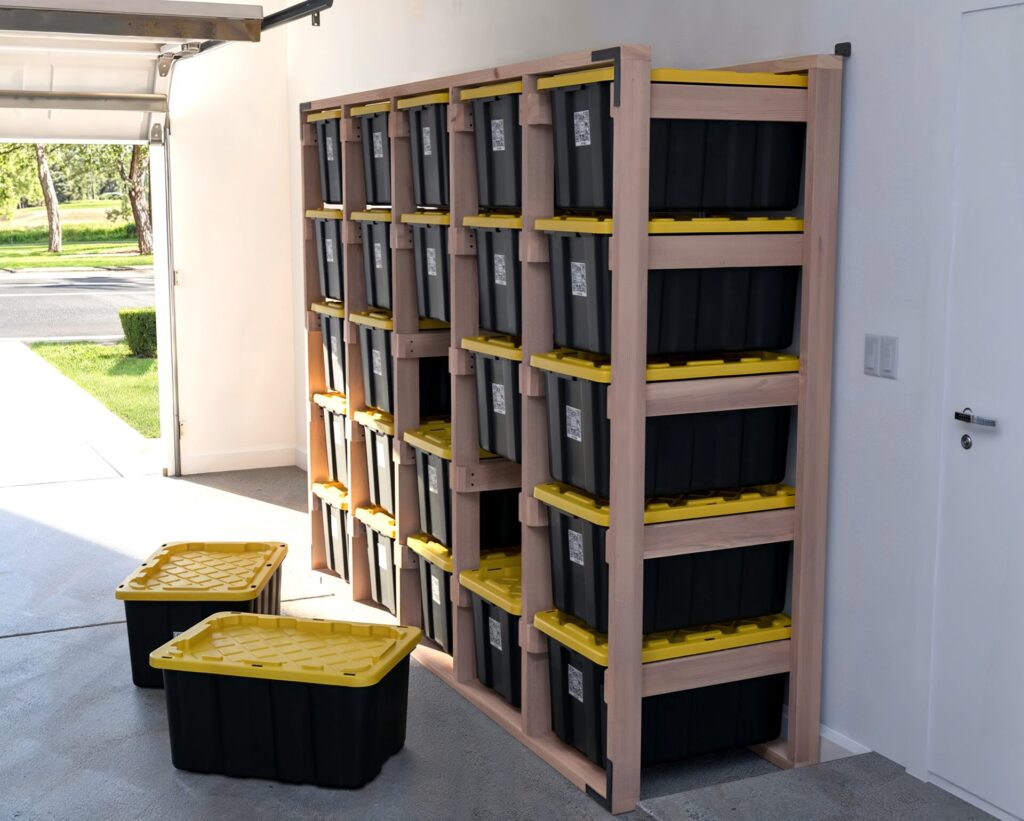 DIY 5x5 wooden storage rack for 27-gallon totes in a garage.