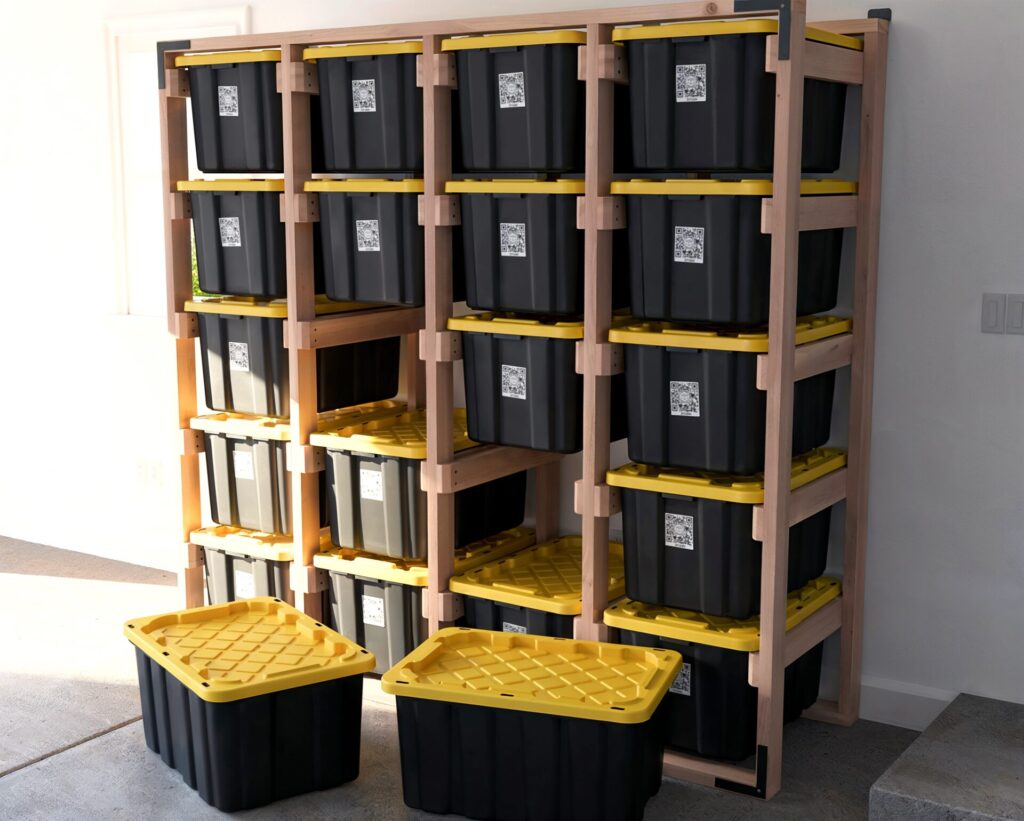 DIY 4x5 wooden storage rack for 27-gallon totes in a garage.