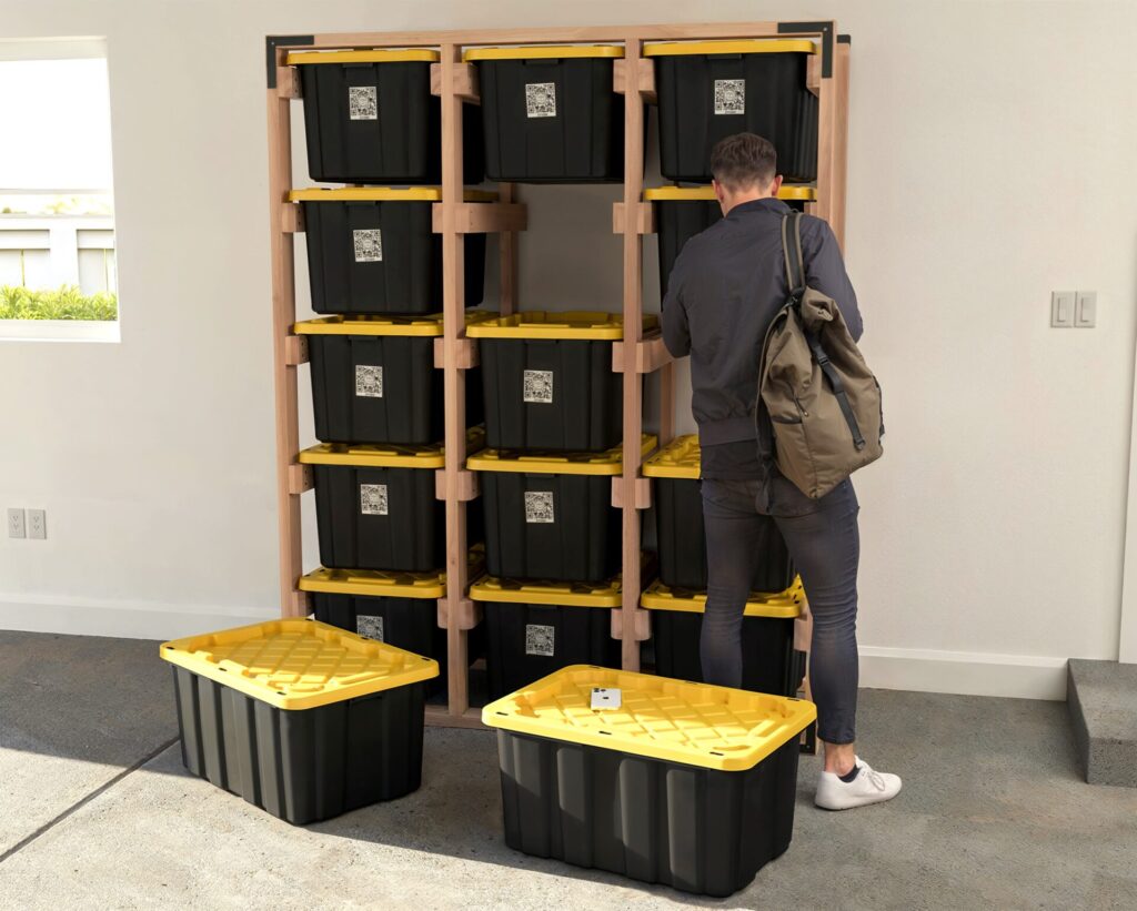 DIY 3x5 wooden storage rack for 27-gallon totes in a garage.