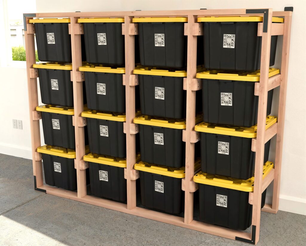 DIY 4x4 wooden storage rack for 27-gallon totes in a garage.