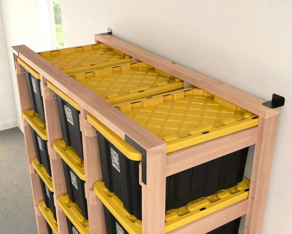 DIY 3x5 wooden storage rack for 27-gallon totes in a garage.