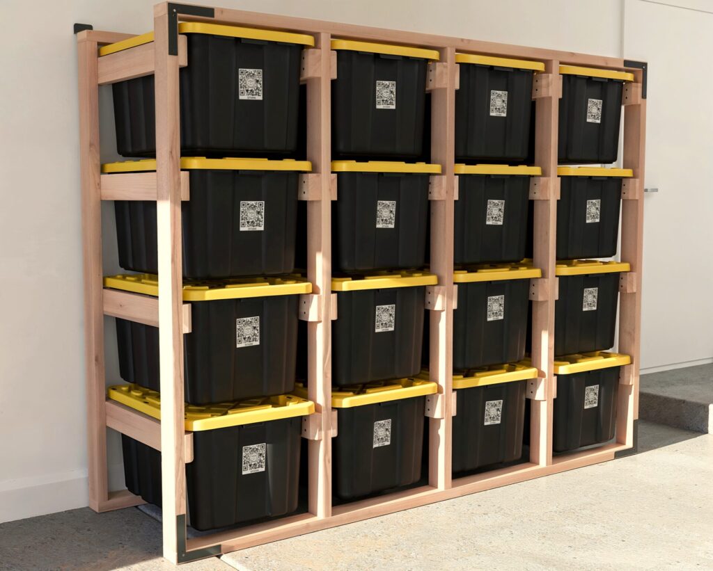 DIY 4x4 wooden storage rack for 27-gallon totes in a garage.