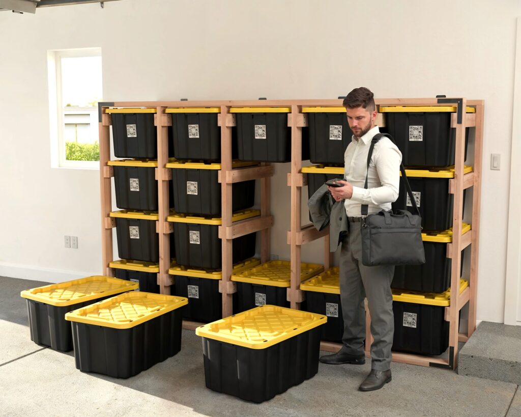 DIY 5x4 wooden storage rack for 27-gallon totes in a garage.