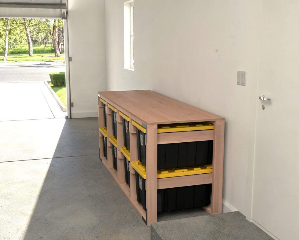 DIY 2x4 wooden storage rack for 27-gallon totes in a garage.