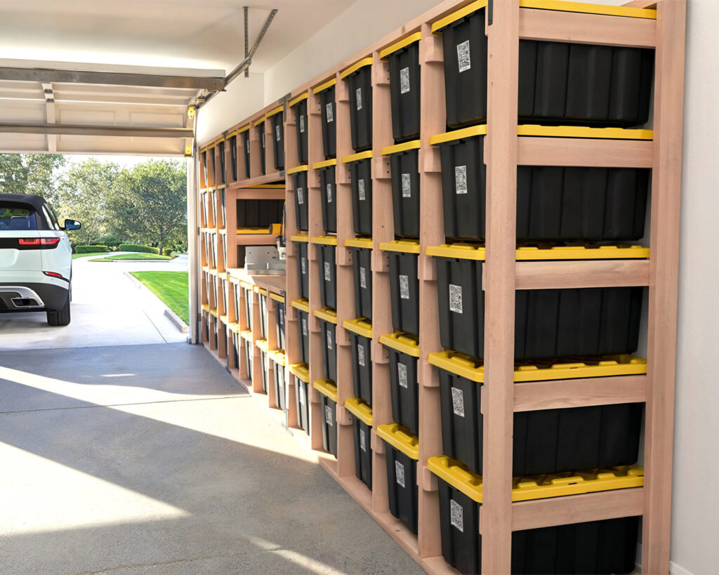 DIY 27-Gallon Tote Storage Rack in a garage, holding multiple black and yellow HDX storage totes, with a workbench integrated into the rack and a person scanning a tote using a QR code.