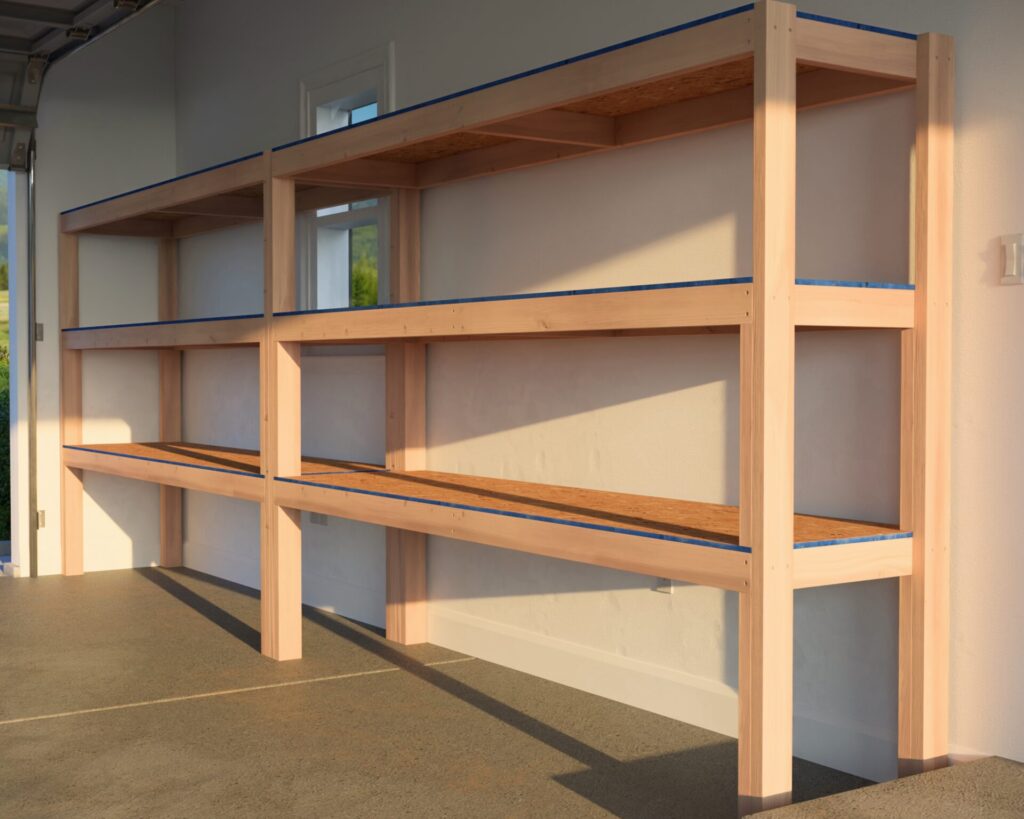 A heavy-duty DIY garage shelf made from 2x4 lumber and plywood, securely attached to the garage wall. The shelves are reinforced and spacious, designed for storing heavy items like tools, car parts, and storage bins.