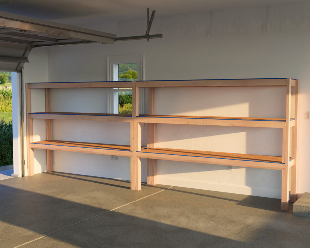 A heavy-duty DIY garage shelf made from 2x4 lumber and plywood, securely attached to the garage wall. The shelves are reinforced and spacious, designed for storing heavy items like tools, car parts, and storage bins.