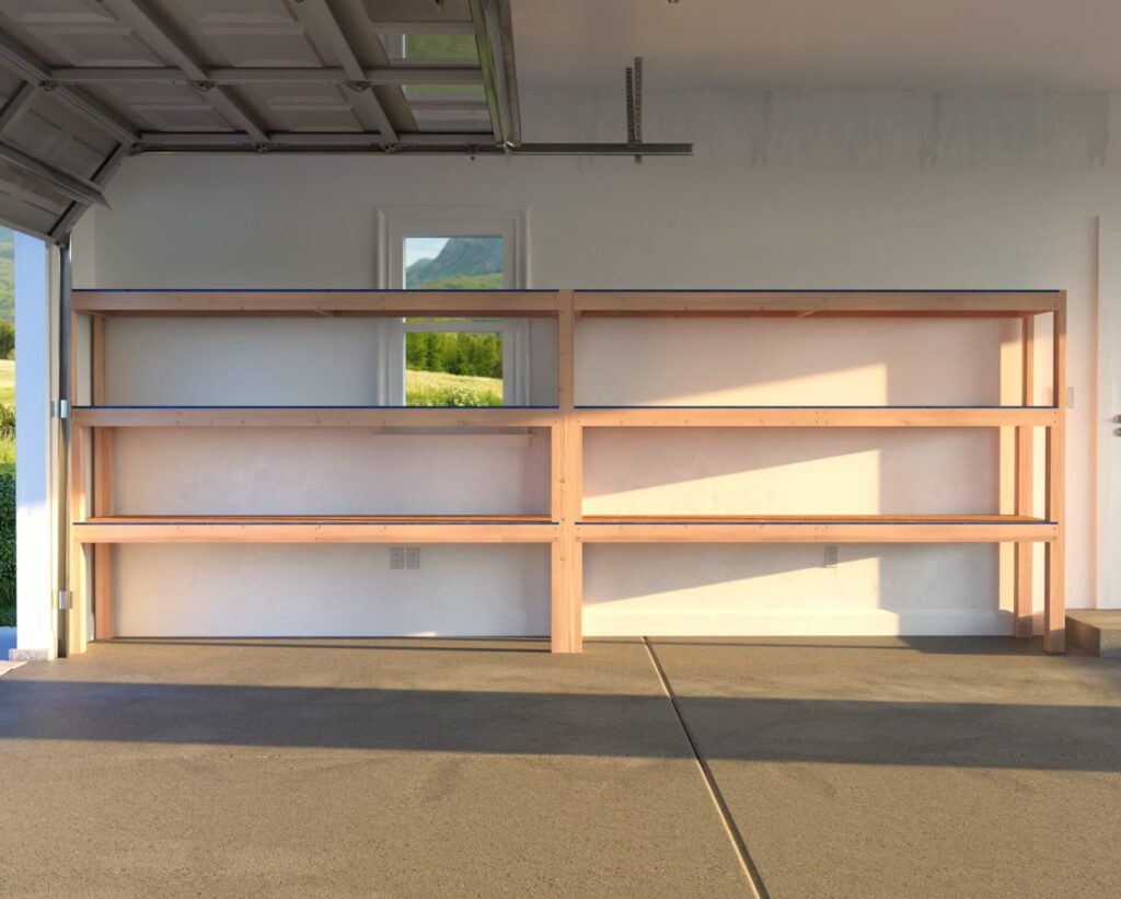 A heavy-duty DIY garage shelf made from 2x4 lumber and plywood, securely attached to the garage wall. The shelves are reinforced and spacious, designed for storing heavy items like tools, car parts, and storage bins.