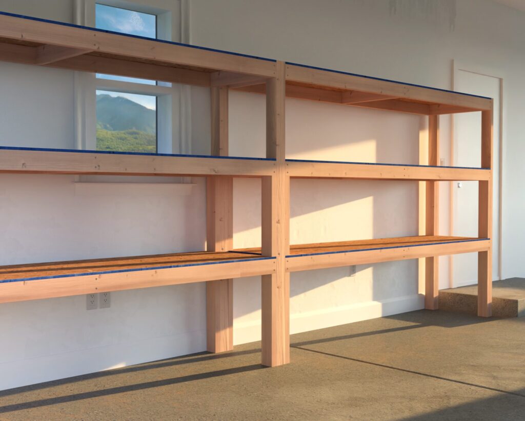 A heavy-duty DIY garage shelf made from 2x4 lumber and plywood, securely attached to the garage wall. The shelves are reinforced and spacious, designed for storing heavy items like tools, car parts, and storage bins.