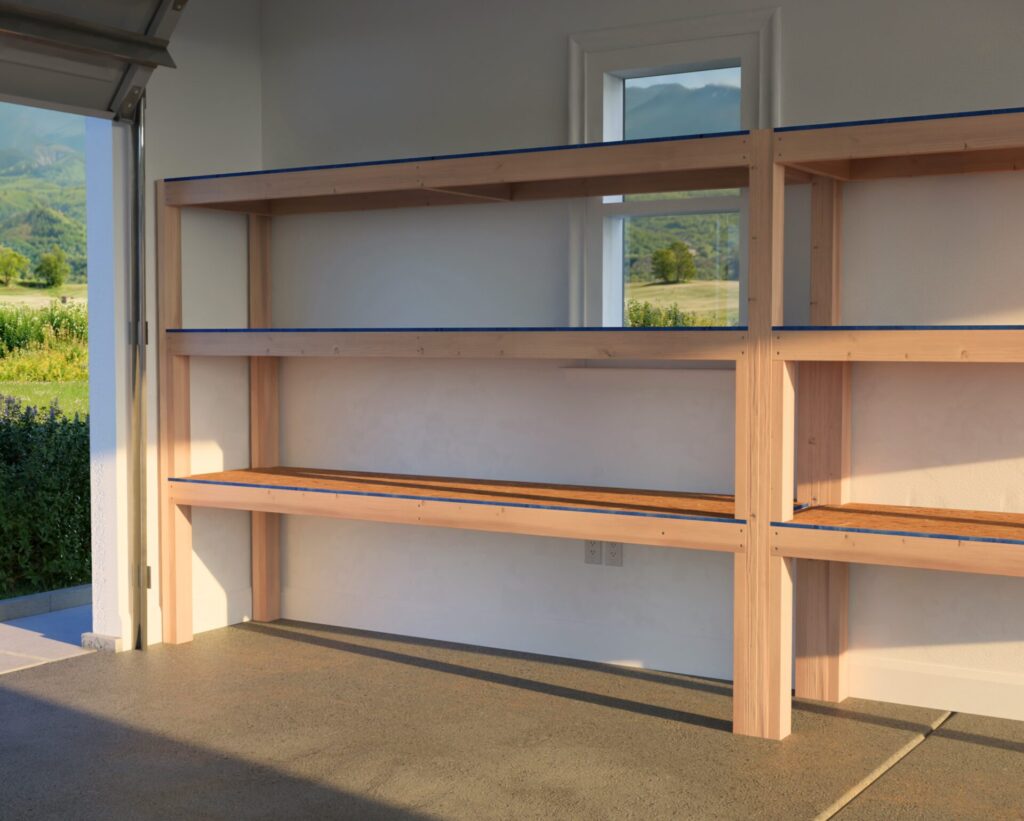 A heavy-duty DIY garage shelf made from 2x4 lumber and plywood, securely attached to the garage wall. The shelves are reinforced and spacious, designed for storing heavy items like tools, car parts, and storage bins.