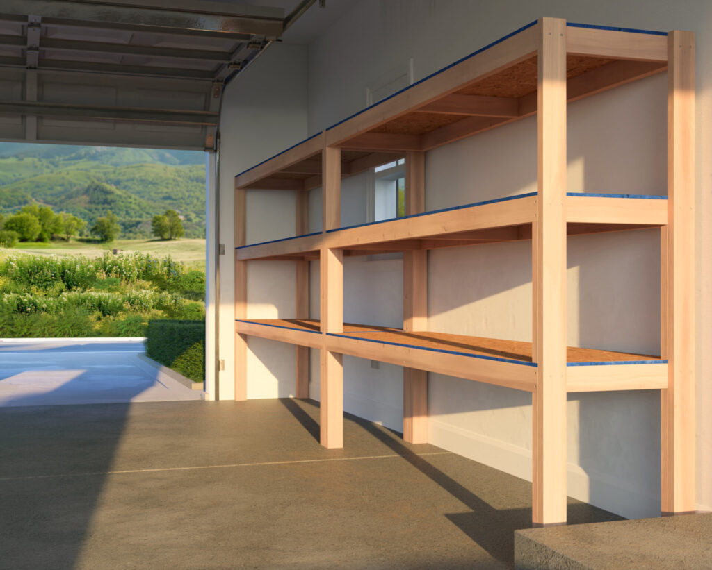 A heavy-duty DIY garage shelf made from 2x4 lumber and plywood, securely attached to the garage wall. The shelves are reinforced and spacious, designed for storing heavy items like tools, car parts, and storage bins.