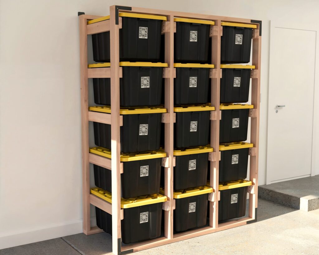 DIY 3x5 wooden storage rack for 27-gallon totes in a garage.