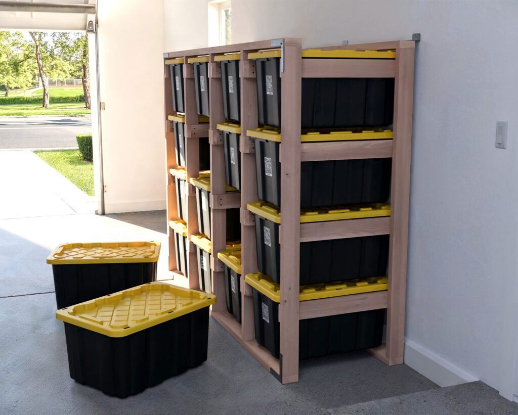 DIY 4x4 wooden storage rack for 27-gallon totes in a garage.