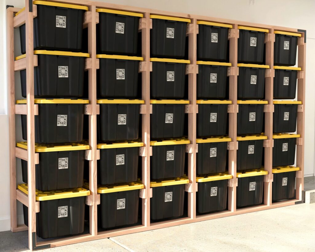 DIY 6x5 wooden storage rack for 27-gallon totes in a garage.