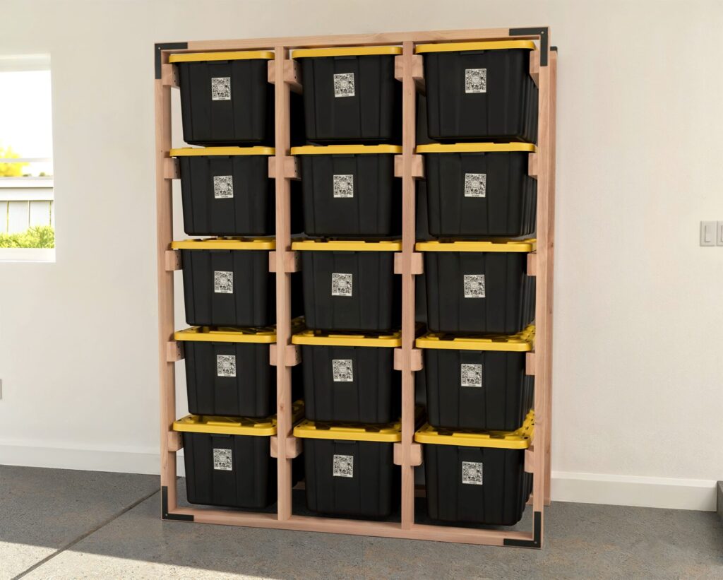 DIY 3x5 wooden storage rack for 27-gallon totes in a garage.