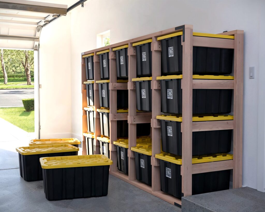 DIY 5x4 wooden storage rack for 27-gallon totes in a garage.