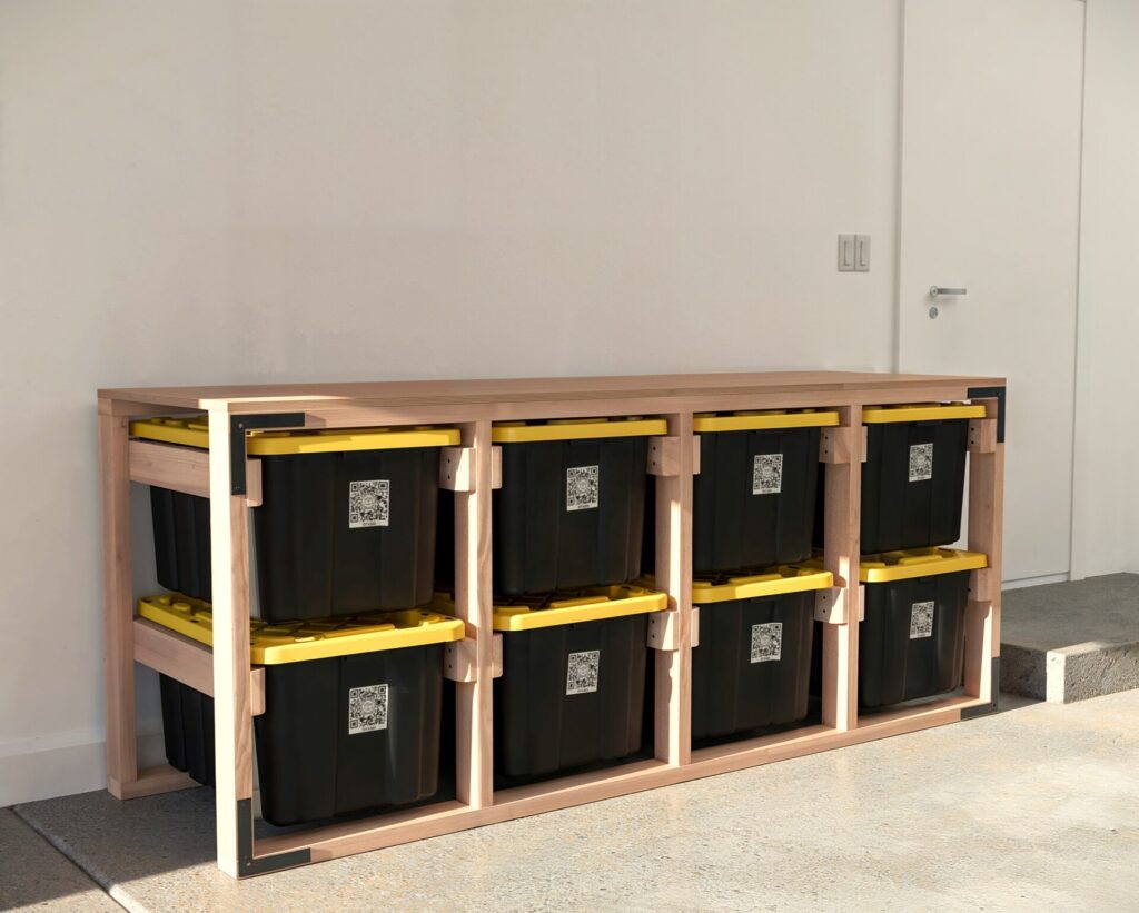 DIY 2x4 wooden storage rack for 27-gallon totes in a garage.