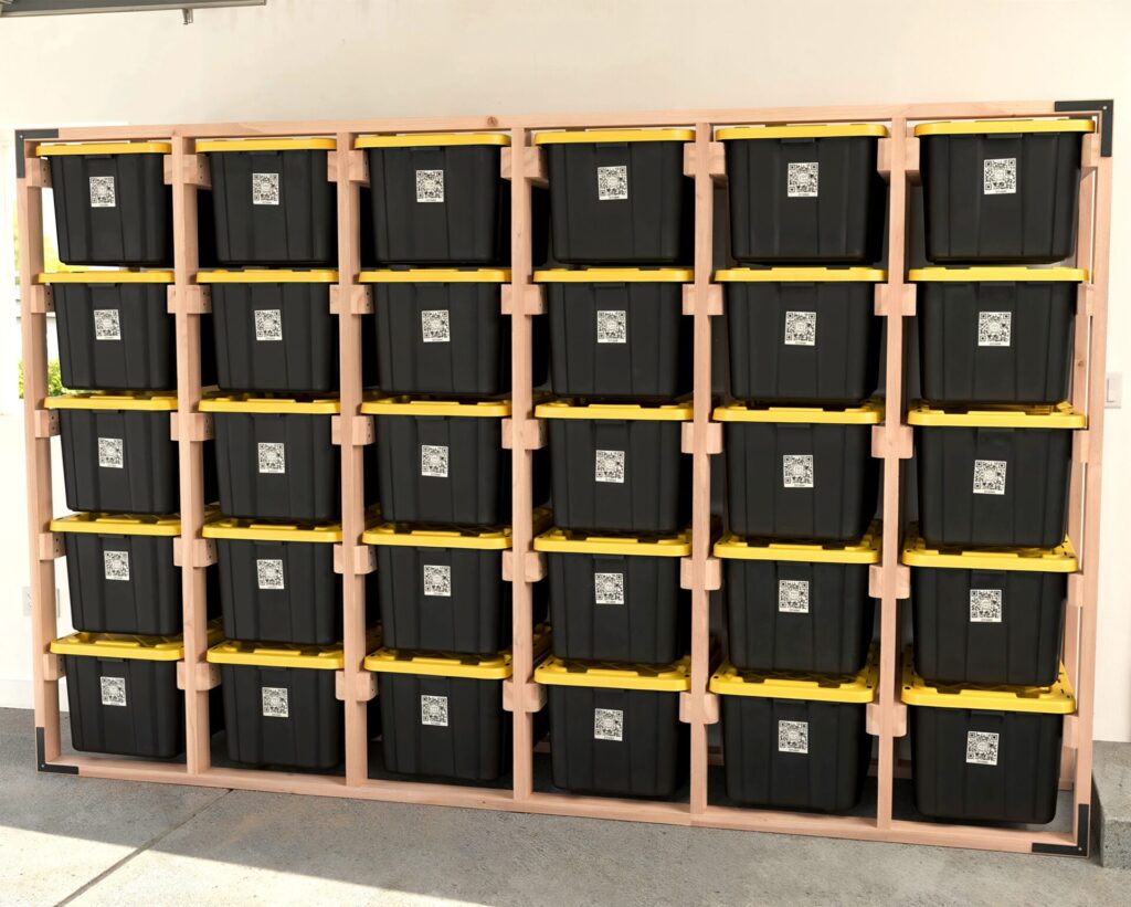 DIY 6x5 wooden storage rack for 27-gallon totes in a garage.