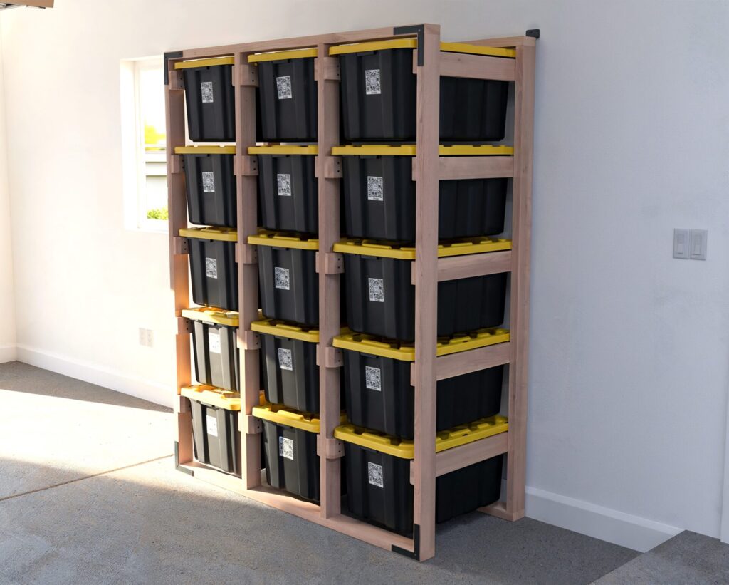 DIY 3x5 wooden storage rack for 27-gallon totes in a garage.