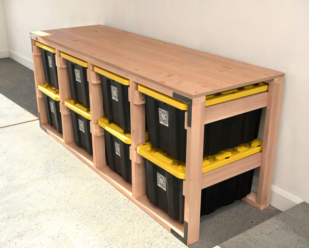 DIY 2x4 wooden storage rack for 27-gallon totes in a garage.