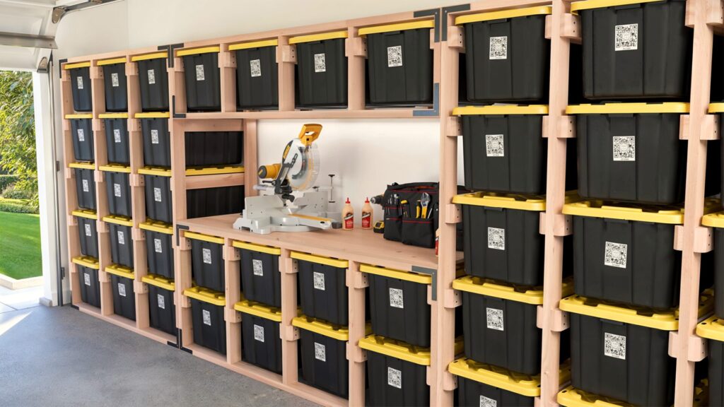 DIY 27-Gallon Tote Storage Rack in a garage, holding multiple black and yellow HDX storage totes, with a workbench integrated into the rack and a person scanning a tote using a QR code.