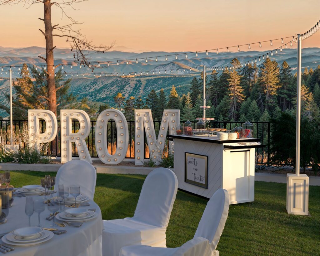 Elegant outdoor prom event with a folding event bar displaying desserts, surrounded by beautifully decorated tables, illuminated ‘PROM’ letters, and scenic mountain views.