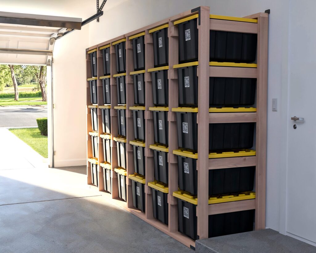 DIY 6x5 wooden storage rack for 27-gallon totes in a garage.