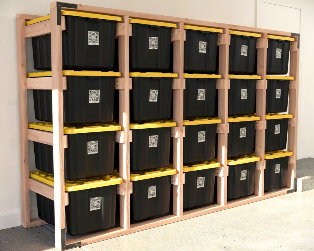 DIY 5x4 wooden storage rack for 27-gallon totes in a garage.