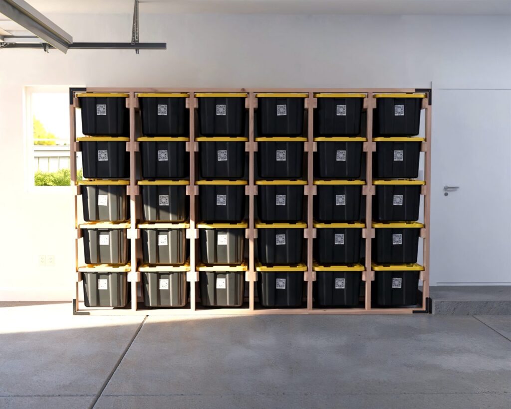 DIY 6x5 wooden storage rack for 27-gallon totes in a garage.