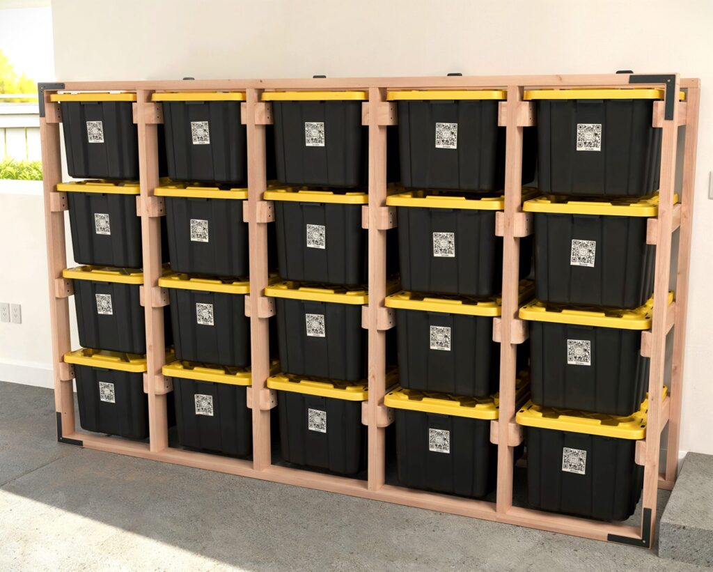 DIY 5x4 wooden storage rack for 27-gallon totes in a garage.