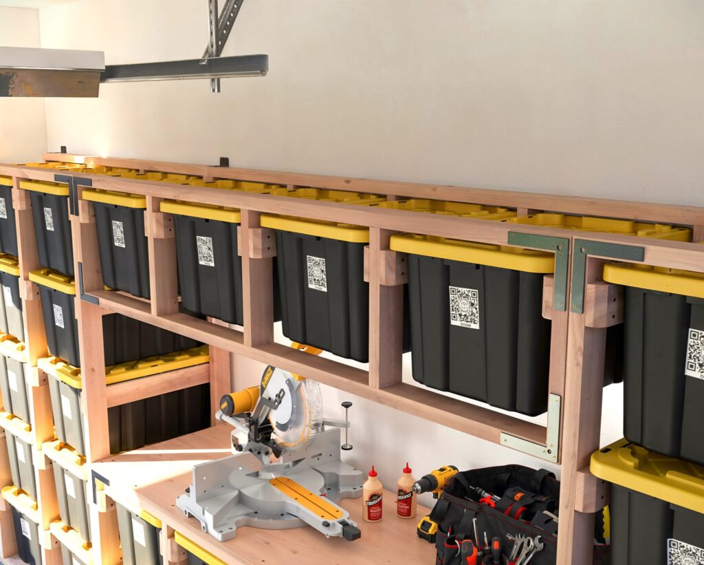 DIY 27-Gallon Tote Storage Rack in a garage, holding multiple black and yellow HDX storage totes, with a workbench integrated into the rack and a person scanning a tote using a QR code.